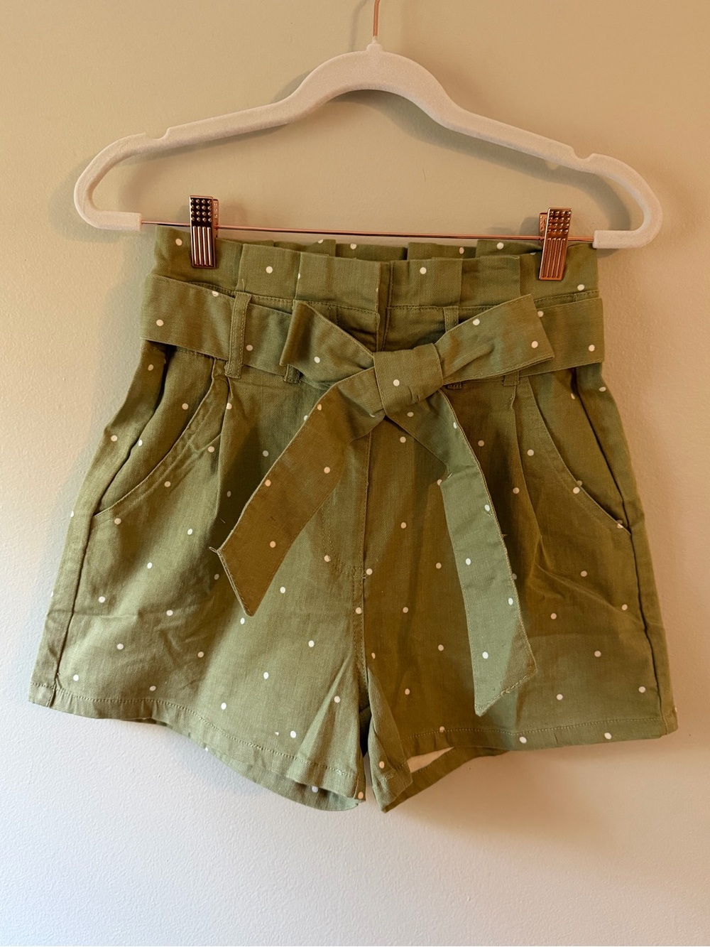 mine- Olive Green Polka Dot High Waist Shorts with Bow